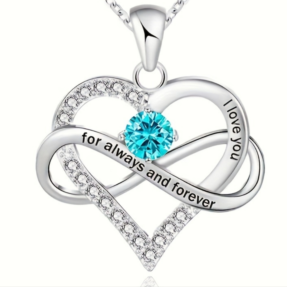 Aquamarine March Birthstone Infinity heart I Love You silver tone necklace